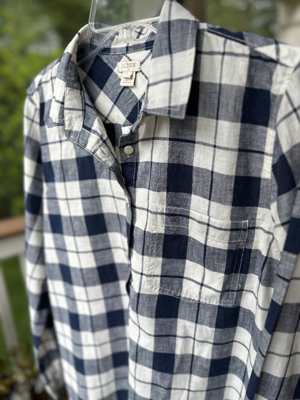 J.Crew 100% Cotton Plaid Half Button Down Shirt Dark Navy White Size L NEW